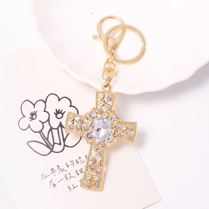 Rhinestone Cross Keychain Gold Clasp Clear Multicolor