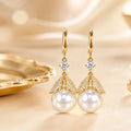 White Pearl Look and Clear Stone Gold Tone Leaf Earrings view 4