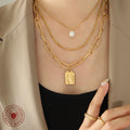 Layered Face Plaque Pearl Necklace Gold Steel Multi Chain view 3