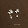 Matte Silver Rose Flower Stud Earrings White Pearl Drop view 1