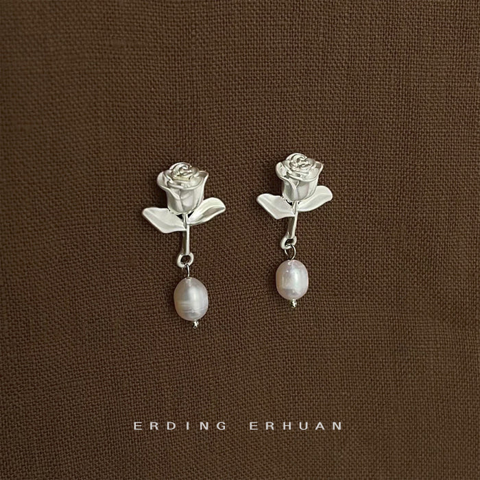 Matte Silver Rose Flower Stud Earrings White Pearl Drop