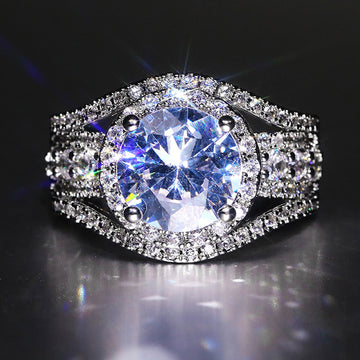 White Gold Large Round Halo Split Shank Cubic Zirconia Ring
