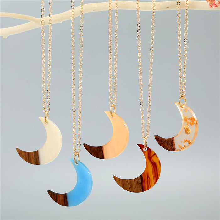 Resin and Wood Crescent Moon Pendant Necklaces in Five Colors