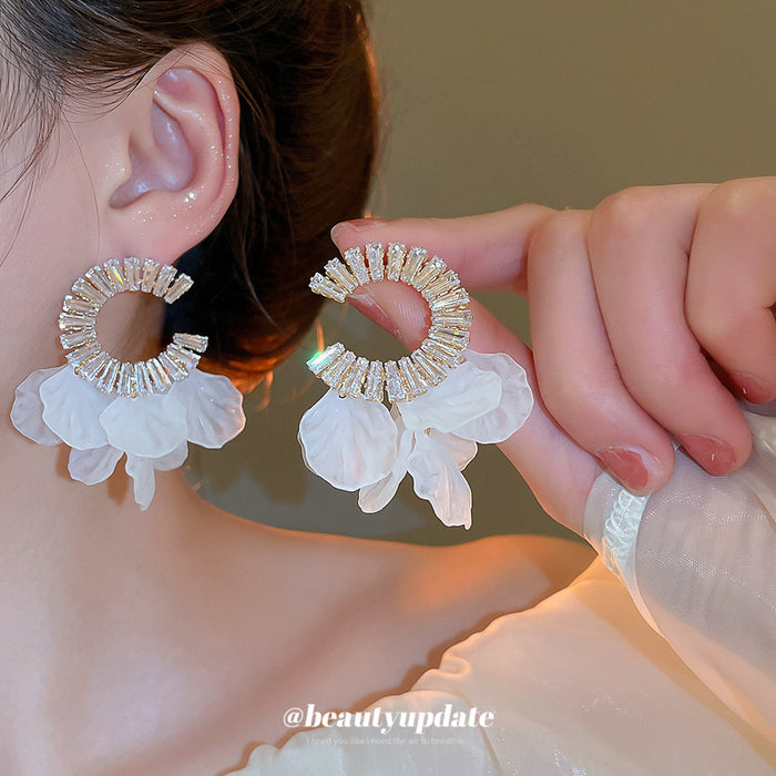 Gold Tone Crystal Hoop Stud Earrings With White Petal Drops