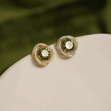 Gold Tone Olive Green Center Halo Clear Stone Stud Earrings