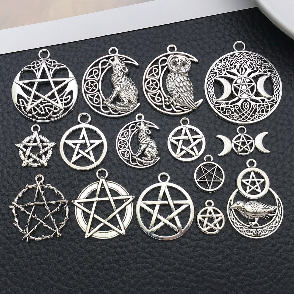 Antique Silver Zinc Alloy Pentagram Wolf Owl Hollow Star Cat Charm Pendant for DIY Necklace