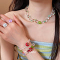 Green Apple Bead Earrings Necklace Bracelet and Flower Rings view 2