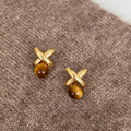 Gold Tone X Stud Earrings With Brown Round Drops Matching Jewelry Pair view 6