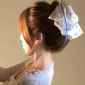 White Blue Floral Chiffon Scrunchie Bow Ribbon Hair Tie view 2