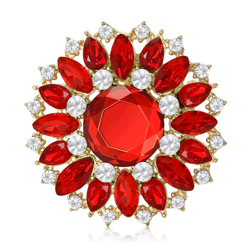Red crystal glass round flower brooch gold frame white background