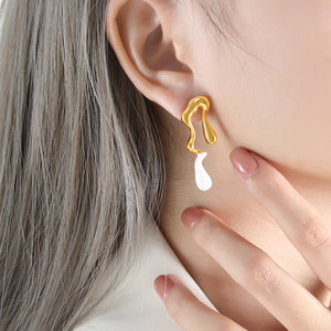 Asymmetric Gold Drip Enamel Drop Earrings White Brown