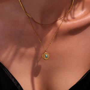 Gold Round Sunburst Turquoise Pendant Necklace Steel Chain