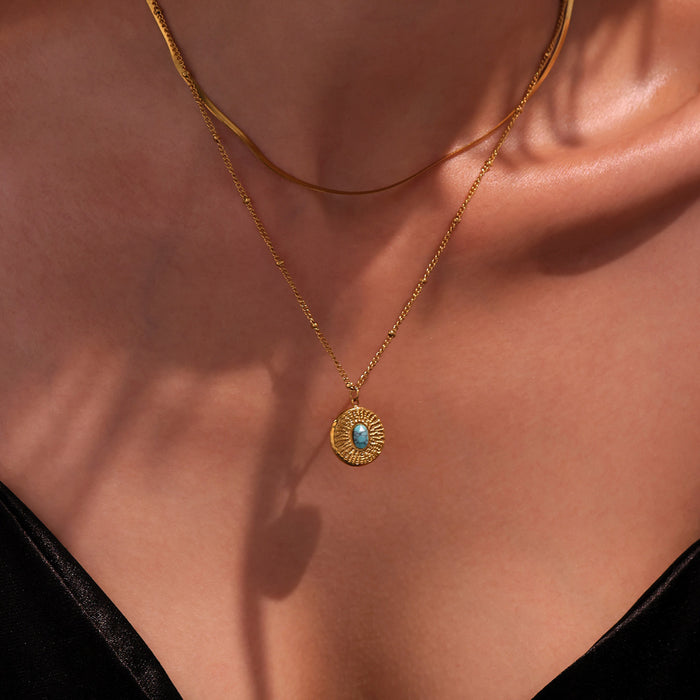Gold Round Sunburst Turquoise Pendant Necklace Steel Chain