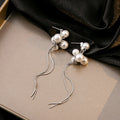 White Pearl Look Cluster and Silver Chain Tassel Earrings view 4
