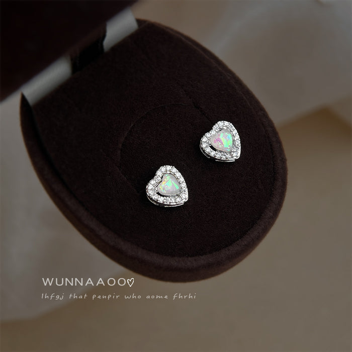 Silver Heart Opal Crystal Halo Mini Stud Earrings Pair