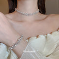 Pink Pearl Crystal Flower Necklace Bracelet Jewelry Set view 2