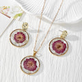 Round Magenta Pressed Flower Earrings, Necklace and Coordinated Set view 1