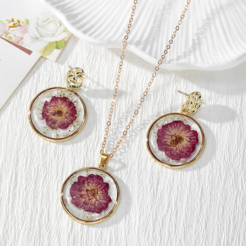 Round Magenta Pressed Flower Earrings, Necklace and Coordinated Set