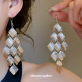 Matte Diamond Tile Chandelier Earrings in Silver and Gold Tones view 3