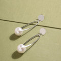 Silver Round Stud Long Oval Frame Pearl Drop Earrings view 1