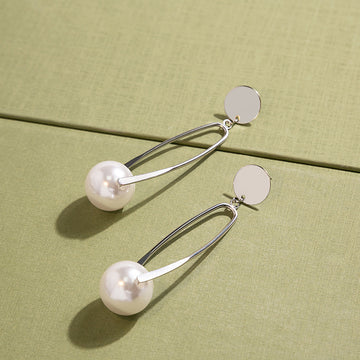 Silver Round Stud Long Oval Frame Pearl Drop Earrings