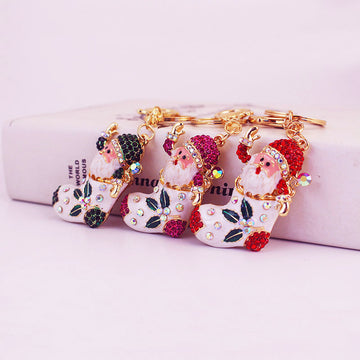 Rhinestone Santa Stocking Keychain With Split Ring And Lobster Clasp