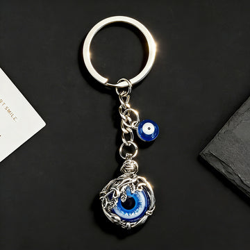 Silver Tone Dragon Frame Blue Evil Eye Metal Keychain