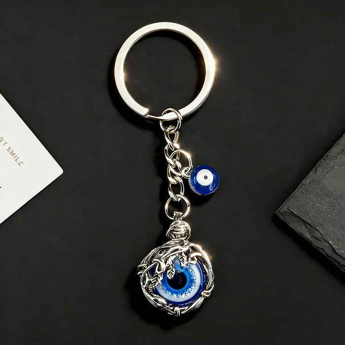 Silver Tone Dragon Frame Blue Evil Eye Metal Keychain