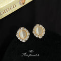 Gold Tone Cream Oval Stone Clear Halo Stud Earrings For Women view 4