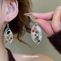 Multicolor Stone Openwork Leaf Drop Hook Earrings Statement Pair view 1