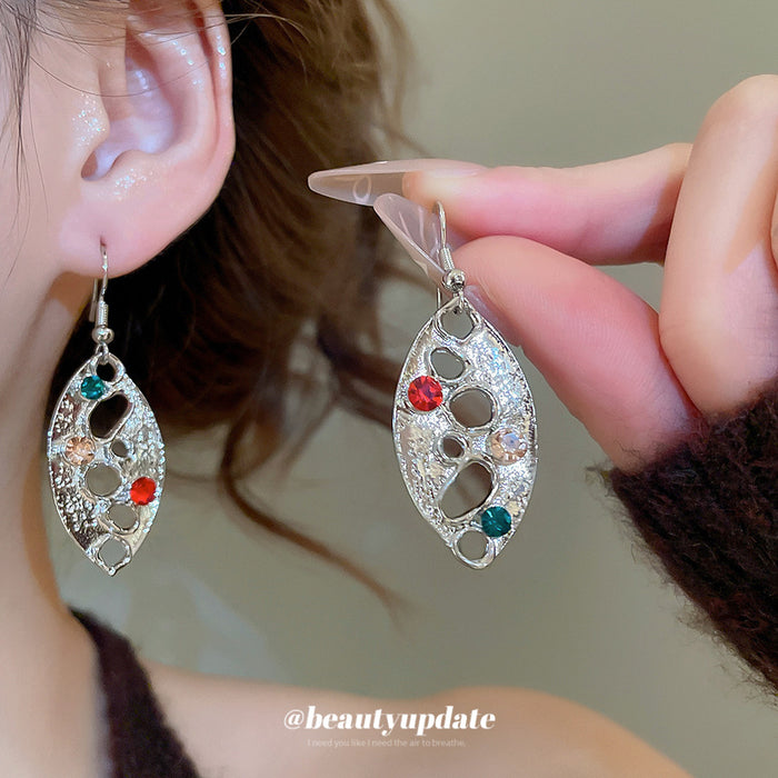 Multicolor Stone Openwork Leaf Drop Hook Earrings Statement Pair