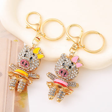 Rhinestone Bow Pig Keychain Metal Cartoon Animal Bag Charm
