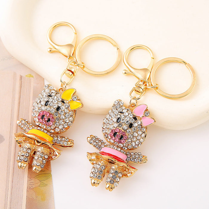 Rhinestone Bow Pig Keychain Metal Cartoon Animal Bag Charm
