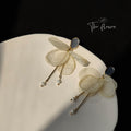Dark Oval Top White Fabric Flower Pearl Tassel Stud Earrings view 4