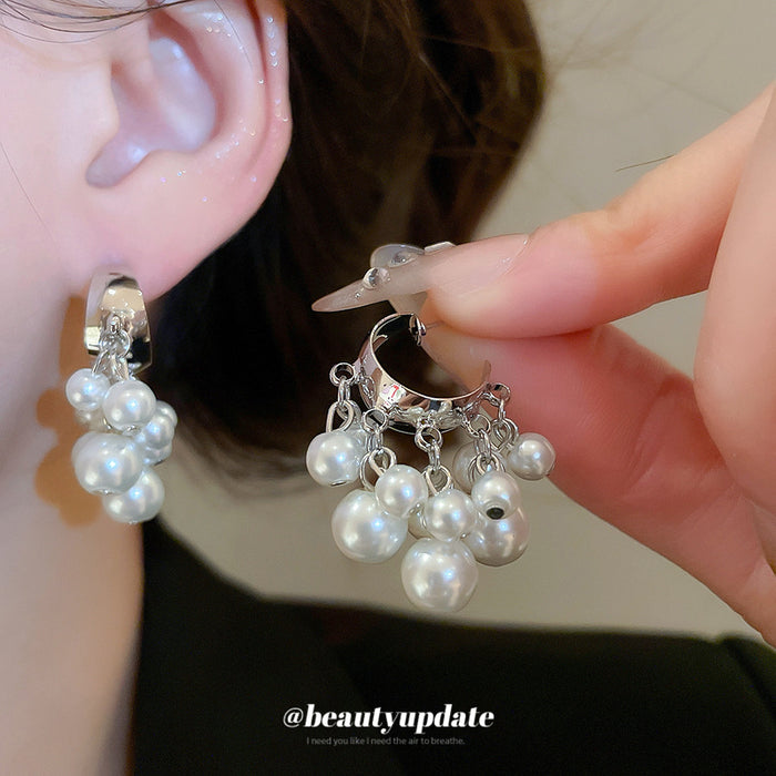 White Beaded Cluster Drop Earrings With Silver Tone Hooks