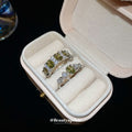 Two Silver Tone Green Link And Oval Crystal Open Ring Designs view 2