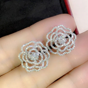 Silver Openwork Camellia Flower Pavé CZ Stud Earrings