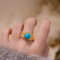 Gold Ribbed Band Ring Turquoise Blue Cabochon Center view 3