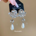 Crystal Floral Pearl Drop Earrings with Distinctive Textured Details view 4