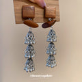 Brown Wood Square Stud Earrings with Silver Tone Floral Tassels view 2