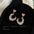 Gold Pink Heart Stud Crescent Clear Crystal Drop Earrings view 4