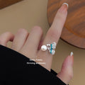 Silver Tone Blue Butterfly Wing Clear Stone And Pearl Open Ring view 4