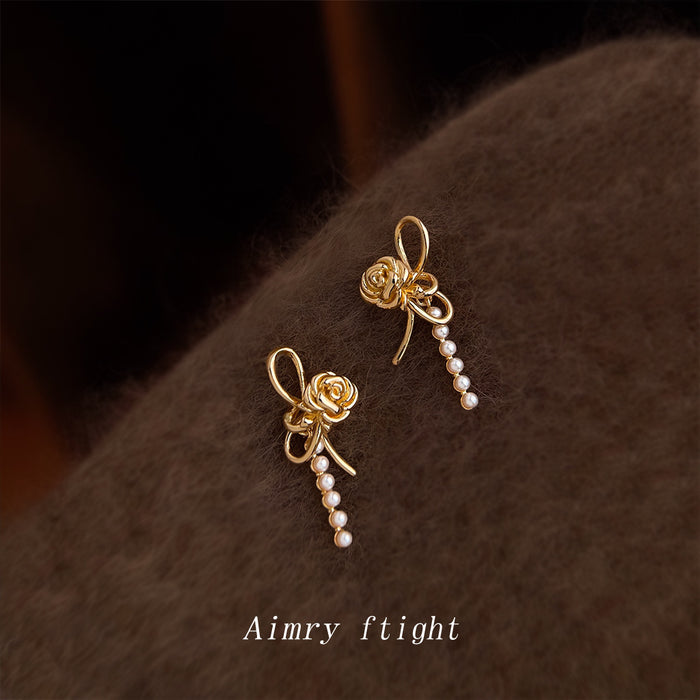 Gold Rose Bow Pearl Cascade Drop Stud Earrings Pair