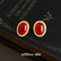 Wine Red Oval Cabochon Stud Earrings Gold Twisted Rope view 3