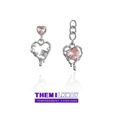 Asymmetric Silver Pink Heart Drop Earrings Chain Pair