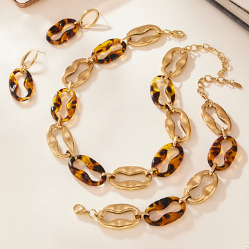 Gold Leopard Resin Link Necklace Bracelet And Drop Earrings