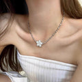 Silver Rice Bead White Enamel Flower Pendant Necklace view 1