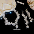 White Floral Necklace and Drop Earring Jewelry Set view 2