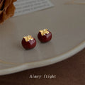 Wine Red Enamel Persimmon Gold-Tone Cap Stud Earrings view 3
