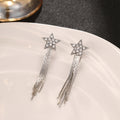 Clear Star Silver Tone Extra Long Tassel Clip Earrings view 4